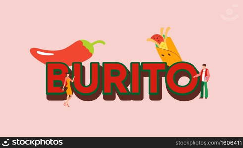 Burito illustration. Spicy mexican appetizer with red pepper and meat in pita bread hot snack cheese with tomatoes as side dish delicious vector ethnic fast food.. Burito illustration. Spicy mexican appetizer with red pepper and meat in pita bread hot snack cheese.