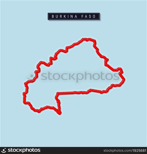 Burkina Faso bold outline map. Glossy red border with soft shadow. Country name plate. Vector illustration.. Burkina Faso bold outline map. Vector illustration