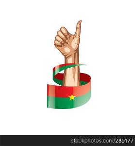 Burkina Faso flag and hand on white background. Vector illustration.. Burkina Faso flag and hand on white background. Vector illustration