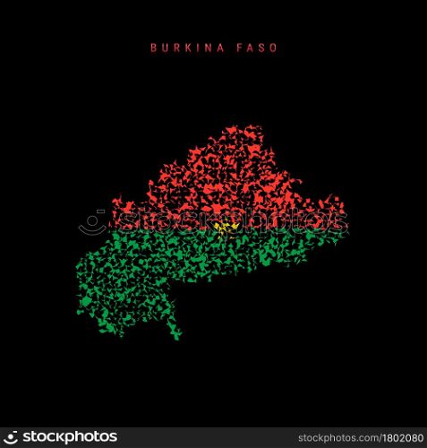 Burkina Faso flag map, chaotic particles pattern in the colors of the Burkina Faso flag. Vector illustration isolated on black background.. Burkina Faso flag map, chaotic particles pattern in the Burkina Faso flag colors. Vector illustration