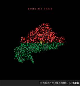 Burkina Faso flag map, chaotic particles pattern in the colors of the Burkina Faso flag. Vector illustration isolated on black background.. Burkina Faso flag map, chaotic particles pattern in the Burkina Faso flag colors. Vector illustration