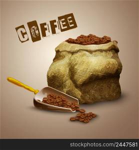 Burlap bag with roasted aromatic coffee beans poster vector illustration