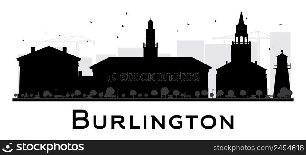 Burlington City skyline black and white silhouette. Vector illustration. Simple flat concept for tourism presentation, banner, placard or web. Business travel concept. Cityscape with landmarks