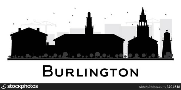 Burlington City skyline black and white silhouette. Vector illustration. Simple flat concept for tourism presentation, banner, placard or web. Business travel concept. Cityscape with landmarks