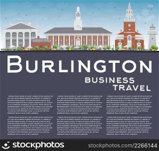 Burlington  Vermont  City Skyline with Color Buildings and Copy Space. Vector Illustration. Business and tourism concept. Image for presentation, banner, placard or web site