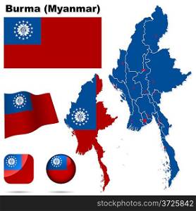 Burma (Myanmar) vector set. Detailed country shape with region borders, flags and icons isolated on white background.