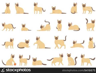 Burmese cat icons set cartoon vector. Breed animal. Mammal pet. Burmese cat icons set cartoon vector. Breed animal