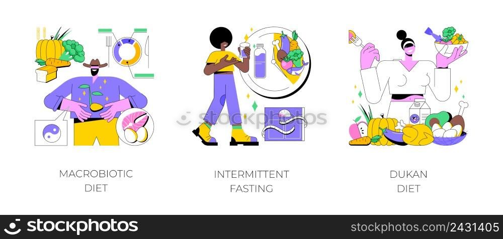 Burn fat abstract concept vector illustration set. Macrobiotic diet, intermittent fasting, Dukan weight-loss meal plan, organic nutrition, low carb food, metabolic health, digestion abstract metaphor.. Burn fat abstract concept vector illustrations.