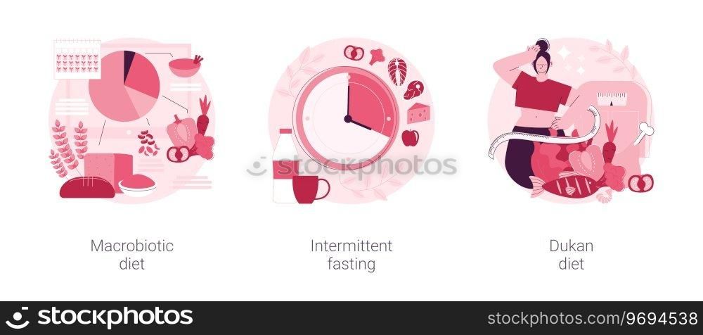 Burn fat abstract concept vector illustration set. Macrobiotic diet, intermittent fasting, Dukan weight-loss meal plan, organic nutrition, low carb food, metabolic health, digestion abstract metaphor.. Burn fat abstract concept vector illustrations.