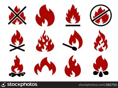 Burn fire icon. Burning flame fireball silhouette or danger bonfire. Flaming explosion, hot ignite flame or campfire flammable logo. Flat illustration isolated icons set. Burn fire icon. Burning flame fireball silhouette or danger bonfire. Flaming explosion flat illustration set