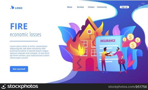 Burn house, flaming building. Insurance agent and customer flat characters. Fire insurance, fire economic losses, protect your property concept. Website homepage landing web page template.. Fire insurance concept landing page.