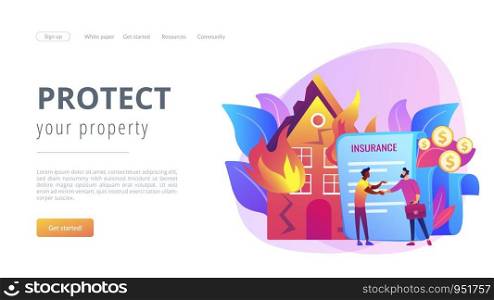 Burn house, flaming building. Insurance agent and customer flat characters. Fire insurance, fire economic losses, protect your property concept. Website homepage landing web page template.. Fire insurance concept landing page.