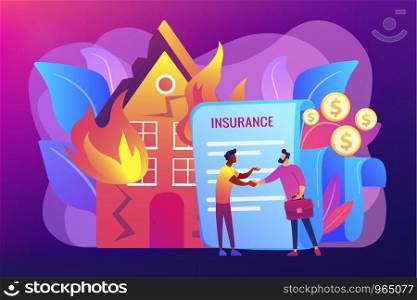 Burn house, flaming building. Insurance agent and customer flat characters. Fire insurance, fire economic losses, protect your property concept. Bright vibrant violet vector isolated illustration. Fire insurance concept vector illustration.