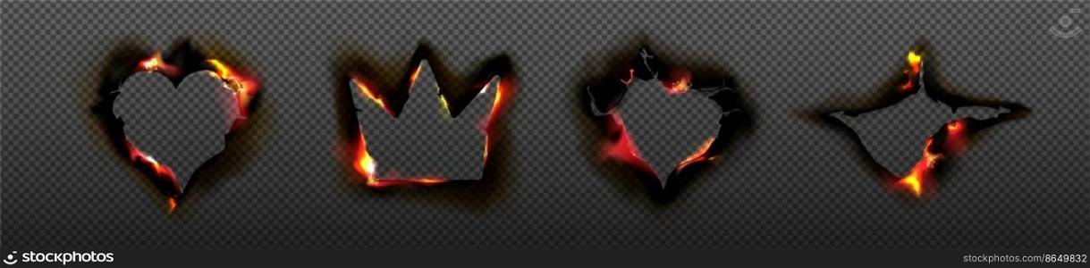 Burn paper holes and borders, burnt page in shape of heart and crown with smoldering fire on charred uneven edges, frames isolated on transparent background. Realistic 3d vector illustration, set. Burn paper holes and borders heart and crown shape
