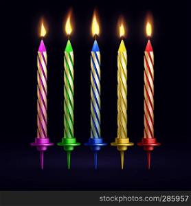 Burned birthday party and xmas candles isolated. 3d realistic vector illustration. Candle fire for celebration xmas or birthday. Burned birthday party and xmas candles isolated. 3d realistic vector illustration