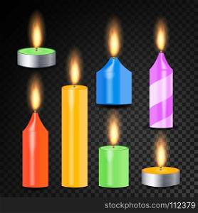Burning 3D Realistic Dinner Candles Vector. Burning 3D Realistic Dinner Candles Vector. Decorative Aromatic Tealight Candles Set. Isolated Tea Candle Sticks With Burning Flames On Transparent Background. Holiday Decoration Element