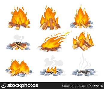 Burning and extinct bonfire. Forest heating bondfire, fireplace burn logs autumn cartoon c&fire flammable firewoods wooden outdoor fire combustion, set vector illustration of firewood and c&fire. Burning and extinct bonfire. Forest heating bondfire, fireplace burn logs autumn cartoon c&fire flammable firewoods wooden outdoor fire combustion, set neat vector illustration