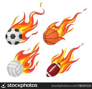 Burning balls. Football and volleyball, basketball and rugby flying sport fireball, game objects in flame, design elements set. Symbols speed collection. Logo template. Vector cartoon isolated concept. Burning balls. Football and volleyball, basketball and rugby flying sport fireball, game objects in flame, design elements set. Symbols speed. Logo template. Vector cartoon isolated concept