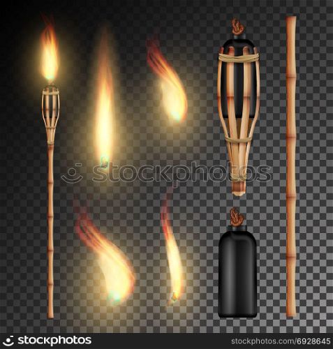 Burning Beach Bamboo Torch. Burning In The Dark Transparent Background Realistic Torch With Flame. Vector Illustration. Burning Beach Bamboo Torch With Flame. Realistic Fire. Realistic Fire Torch Isolated On Transparent Background. Vector