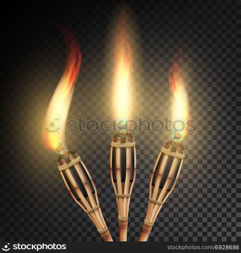 Burning Beach Bamboo Torch. Burning In The Dark Transparent Background Realistic Torch With Flame. Vector Illustration. Burning Beach Bamboo Torch With Flame. Realistic Fire. Realistic Fire Torch Isolated On Transparent Background. Vector
