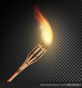 Burning Beach Bamboo Torch With Flame. Realistic Fire. Realistic Fire Torch Isolated On Transparent Background. Vector Illustration. Burning Beach Bamboo Torch With Flame. Realistic Fire. Realistic Fire Torch Isolated On Transparent Background. Vector