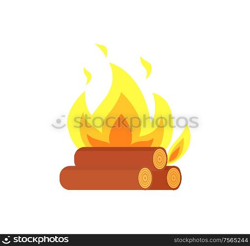 Burning billets isolated vector icon. Flame tongues and logs in yellow fire, hot campfire or bonfire, realistic flammable sparks, firewood and blazing tree. Burning Billets Isolated Vector Icon. Flame Logs
