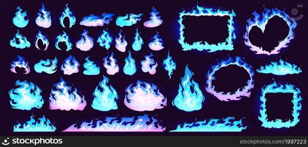 Burning blue fire, frames and borders of flame isolated on black background. Vector cartoon set of magic blaze in shape of heart, circle and square, flame on torch or candle. Burning blue fire, frames and borders of flame