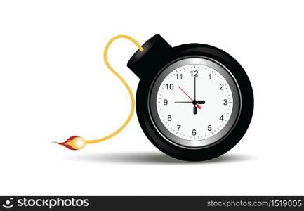Burning bomb with clock timer isolated on white in flat design vector illustration.
