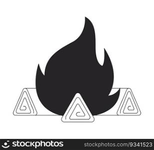 Burning bonfire flat monochrome isolated vector object. C&fire for hikers. Flame over timber. Editable black and white line art drawing. Simple outline spot illustration for web graphic design. Burning bonfire flat monochrome isolated vector object