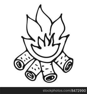 Burning bonfire with firewood in doodle style. Flame, fire hand drawn black outline on a white background.Vector illustration.