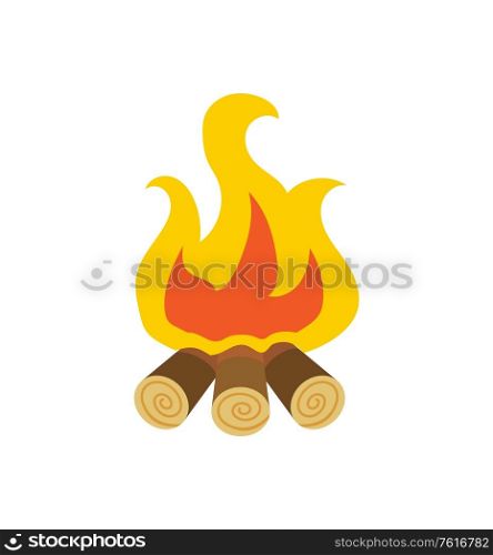 Burning bonfire with wood on white, fire light and firewood. Camping and hiking outdoor or tourism, natural flame and spark element, flat campfire vector. Flame and Spark, Bonfire or Burning Wood Vector