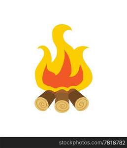 Burning bonfire with wood on white, fire light and firewood. Camping and hiking outdoor or tourism, natural flame and spark element, flat campfire vector. Flame and Spark, Bonfire or Burning Wood Vector