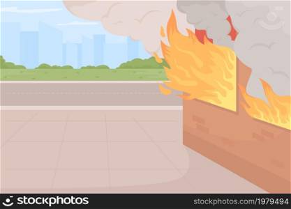 Burning building flat color vector illustration. Catastrophic urban fire. Structure destroying. Flame coming out of windows 2D cartoon cityscape with buildings and houses on background. Burning building flat color vector illustration