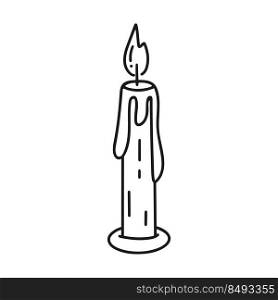 Burning candle black isolated doodle illustration. One candle with flame flowing down wax vector. Contour simple image of candle. Burning candle black isolated doodle illustration