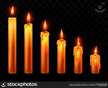 Burning candle. Burn church candles, wax fire and xmas candle. Holiday christmas wick burns burns relax lit flicker or religion church candles. Isolated realistic vector objects set. Burning candle. Burn church candles, wax fire and xmas candle isolated realistic vector objects set
