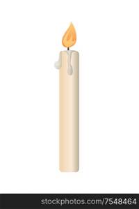 Burning candle from paraffin wax in flat style isolated on white. 3D design holiday celebration symbol or light object, vector icon of church symbol. Burning Candle from Paraffin Wax Vector Isolated