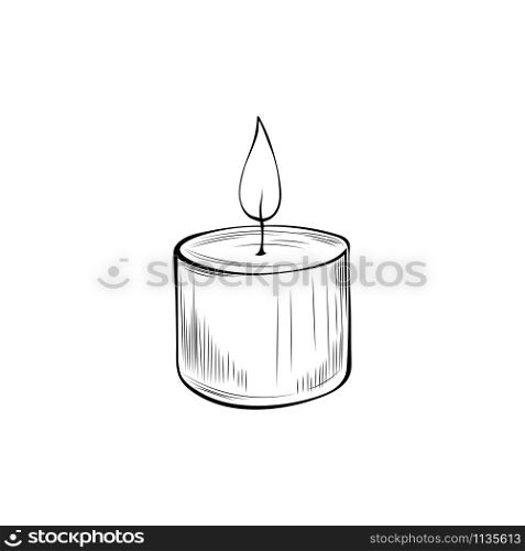 Burning candle hand drawn vector illustration. Candlelight outline symbol isolated on white background. Decorative aromatherapy accessory, glowing round candlestick monochrome sketch drawing. Burning candle coloring book vector illustration