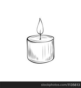 Burning candle hand drawn vector illustration. Candlelight outline symbol isolated on white background. Decorative aromatherapy accessory, glowing round candlestick monochrome sketch drawing. Burning candle coloring book vector illustration
