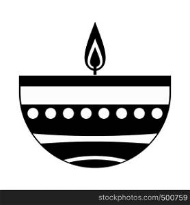 Burning candle in a clay candle holder icon in simple style isolated on white background. Burning candle in a clay candle holder icon