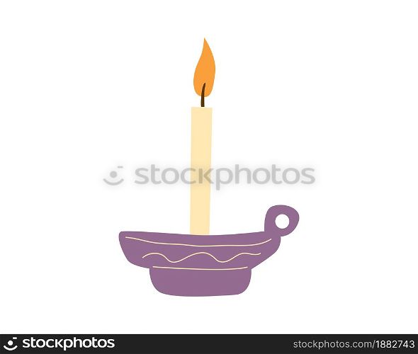 Burning candle in candlestick, Christmas, toy. Vector illustration cartoon flat retro, vintage isolated. Burning candle in candlestick, Christmas, toy. Vector illustration cartoon flat retro, vintage