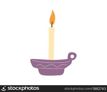 Burning candle in candlestick, Christmas, toy. Vector illustration cartoon flat retro, vintage isolated. Burning candle in candlestick, Christmas, toy. Vector illustration cartoon flat retro, vintage