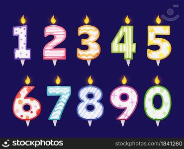 Burning candle numbers for cake decoration, birthday party celebration. Kids birthdays or anniversary number candles with flames vector set. Holiday surprise decor for cake or cupcake. Burning candle numbers for cake decoration, birthday party celebration. Kids birthdays or anniversary number candles with flames vector set