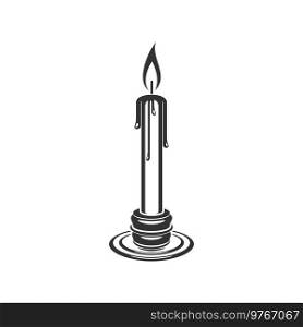 Burning candle with flame isolated religion symbol. Vector monochrome candlestick candelabra with candle. Candle with flame isolated catholic religion icon
