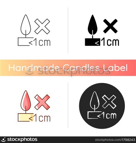 Burning candles correctly manual label icon. Dont burn candle all way down. Fire hazard label. Linear black and RGB color styles. Isolated vector illustrations for product use instructions. Burning candles correctly manual label icon