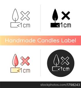 Burning candles correctly manual label icon. Dont burn candle all way down. Fire hazard label. Linear black and RGB color styles. Isolated vector illustrations for product use instructions. Burning candles correctly manual label icon