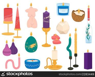 Burning candles in candlesticks. Modern scented home decor, aromatic wax object, cozy interior elements, different trendy shapes, in form of female body, in glass, vector cartoon flat isolated set. Burning candles in candlesticks. Modern scented home decor, aromatic wax object, cozy interior elements, different trendy shapes, in form of female body, in glass, vector set