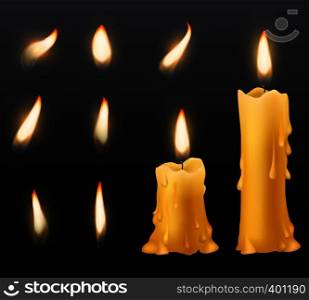 Burning candles. Romantic holiday wax burning candles light close up warm fire wick spa christmas dinner decoration isolated birthday 3d burn celebration vector set. Burning candles. Romantic holiday wax burning candles light close up warm fire wick spa christmas dinner decoration birthday vector set