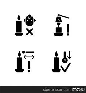 Burning candles safely black glyph manual label icons set on white space. Use candle snuffer. Keep kids away. Silhouette symbols. Vector isolated illustration for product use instructions. Burning candles safely black glyph manual label icons set on white space