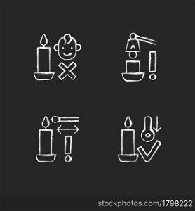 Burning candles safely chalk white manual label icons set on dark background. Use candle snuffer. Keep kids away. Isolated vector chalkboard illustrations for product use instructions on black. Burning candles safely chalk white manual label icons set on dark background