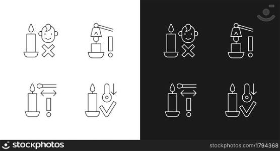 Burning candles safely linear manual label icons set for dark and light mode. Customizable thin line symbols. Isolated vector outline illustrations for product use instructions. Editable stroke. Burning candles safely linear manual label icons set for dark and light mode
